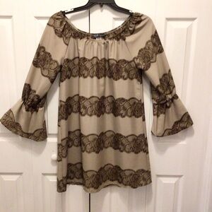 NWOT Miin Womens Brown Lace Print Long Poet Sleeve Mini Shift Dress Size Medium